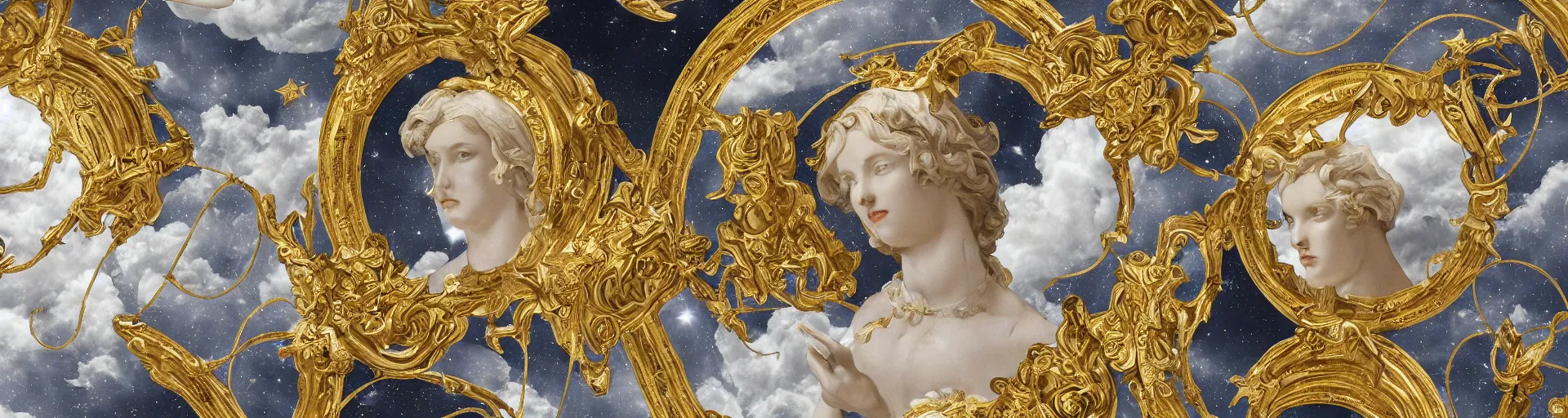 Prompt: symmetrical face, saint Woman, beautiful, gracious, baroque marble and gold in space, stars, clouds