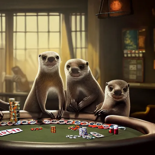 Prompt: otters playing poker, hyper detailed, dramatic lighting, cgsociety, realistic, hyper detailed, insane details, intricate, dramatic lighting, hypermaximalist, golden ratio, rule of thirds, octane render, weta digital, micro details, ultra wide angle, artstation trending, 8 k,