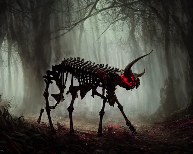 Image similar to 5 5 mm portrait photo of an armored demonic rat skeleton with horns and red eyes, in a magical forest. magical atmosphere. art by greg rutkowski. highly detailed 8 k. intricate. lifelike. soft light. nikon d 8 5 0.