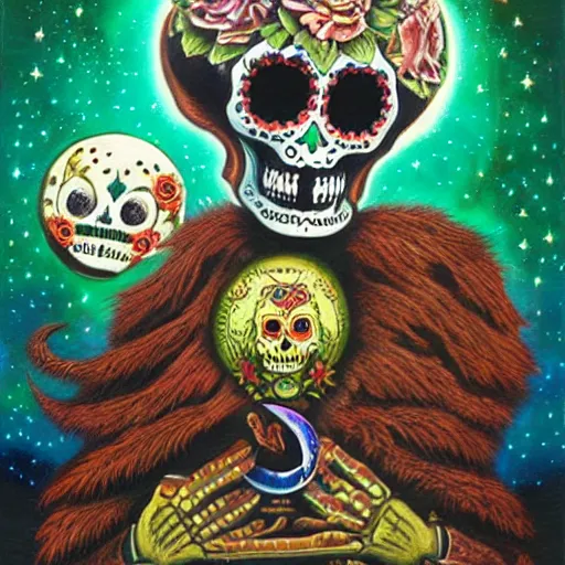 Image similar to a dia de los muertos themed fox skull character, themed on the stars and moon, painting by jeff easley