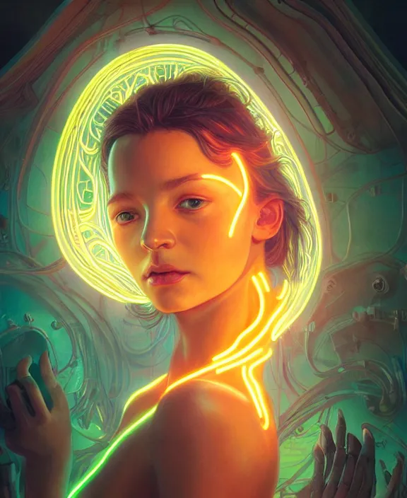 Image similar to intricate neon light portrait of a disturbing beautiful alien insect creature, mottling coloring, adorable, childlike, medical equipment hospital environment, ultra realistic, concept art, art nouveau, photorealistic, octane render, 8 k, unreal engine. art by christopher marley and artgerm and greg rutkowski and alphonse mucha