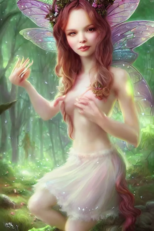 Image similar to a cute fairy in the dreamy forest, fantasy, 8 k resolution, hyper detailed, d & d, character design, digital painting, trending on artstation, sharp focus, illustration, art by artgerm, steve zheng, fuji choko, viktoria gavrilenko, hoang lap