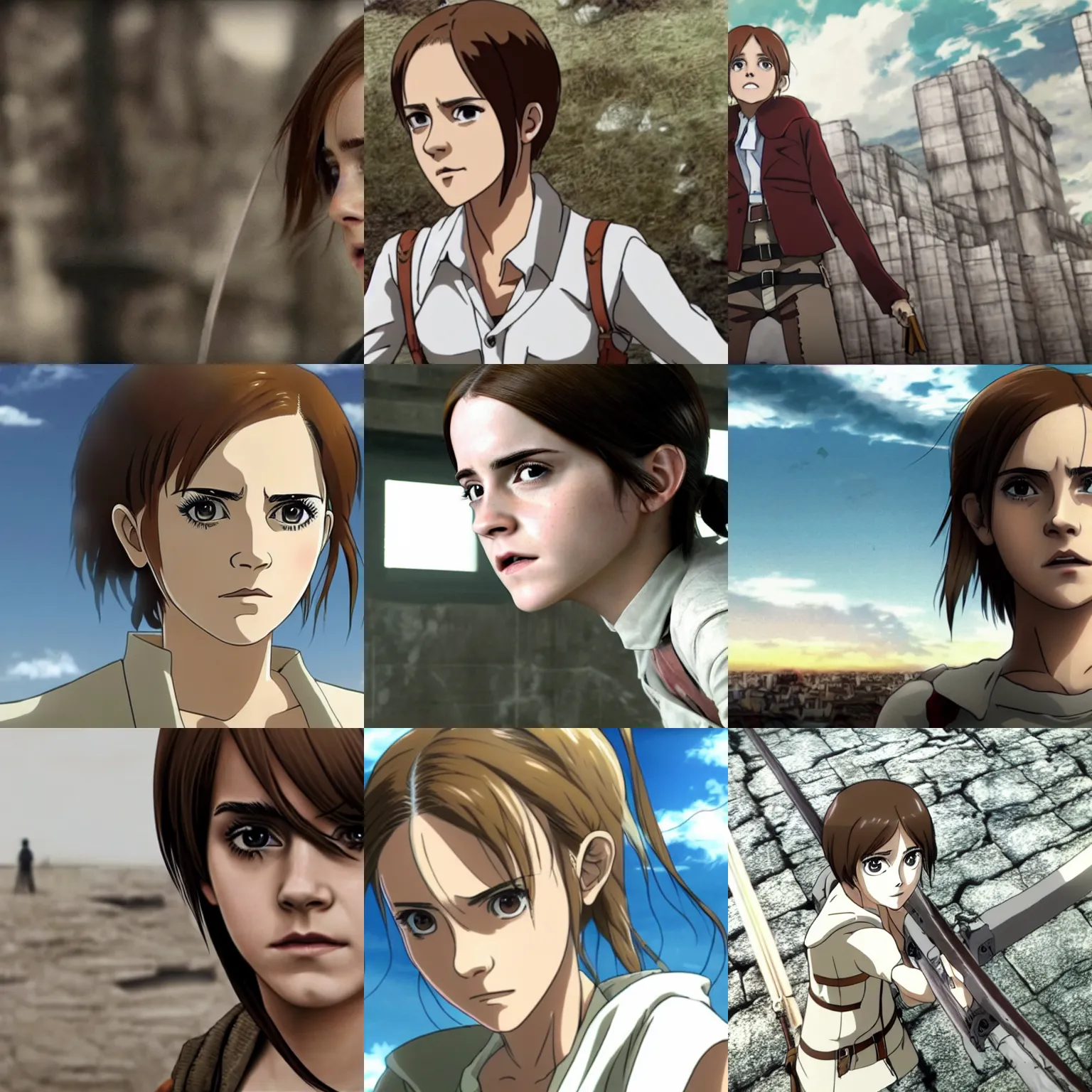 Prompt: Emma watson screenshot from attack on titan shigeki no kyojin 進撃の巨人