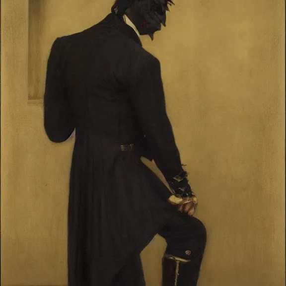 Prompt: urban fantasy plotting scheming vampire courtier, dressed in an elegant modern suit, hiding a dagger behind their back, John Collier 1887, oil paint and gold leaf