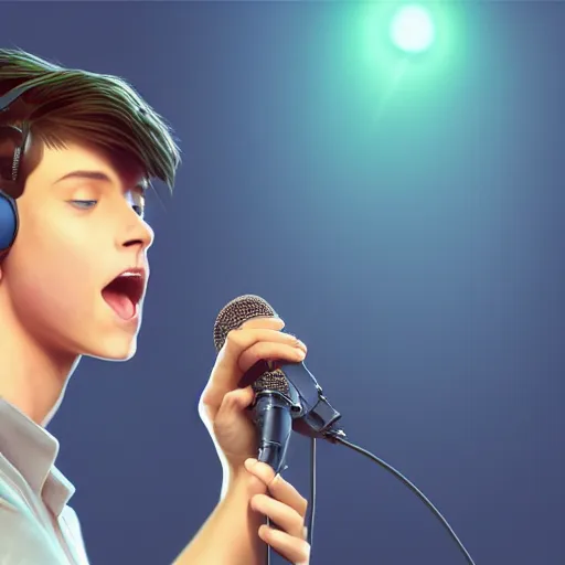 Prompt: a handsome young man with sandy brown hair and blue eyes singing into a neon blue microphone headset posing on stage. dynamic!! pose. gesture drawing. concert. cinematic lighting. wide shot photorealistic. hyper realism. ray tracing hdr. intricate detailed masterpiece. by bouguereau and shigenori soejima. lifelike.