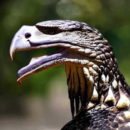 Prompt: hawk and crocodile morphed together, half crocodile, half hawk, real picture taken in zoo, realistic hawk proportions, head of crocodile is seamlessly merged with hawk head, toothy beak,