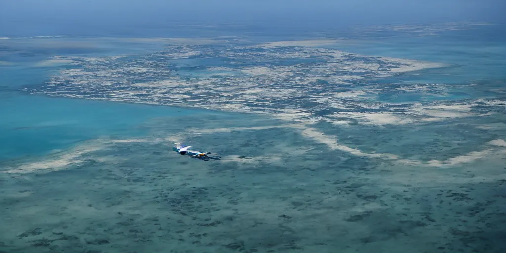 Image similar to aerial view of sunken airport at the bottom of the ocean. submerged airport. in the style of Caspar David Friedric.