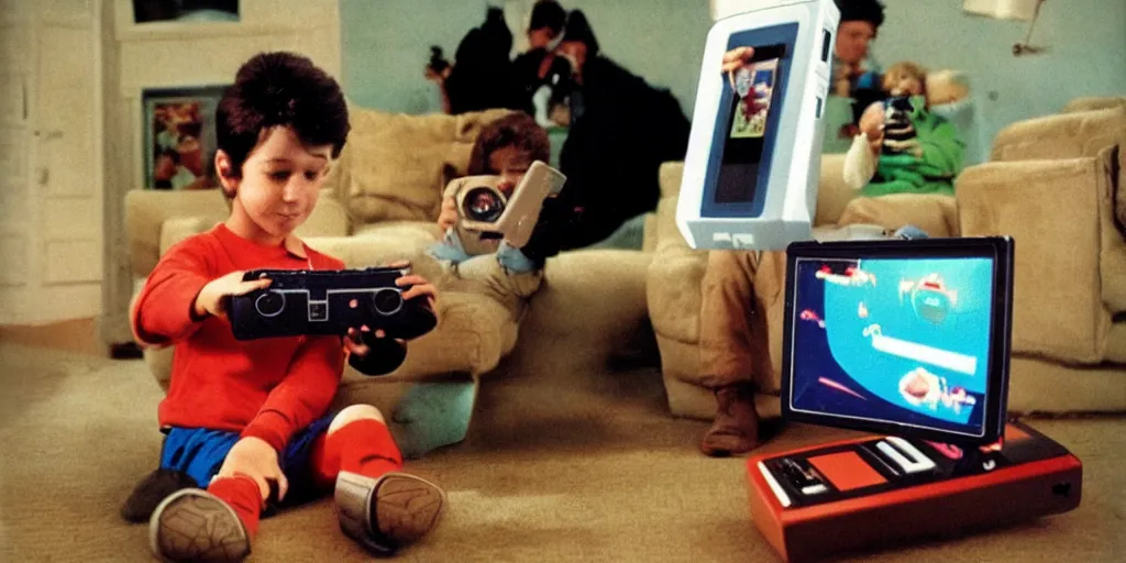 Prompt: boy playing nintendo in the 80\'s