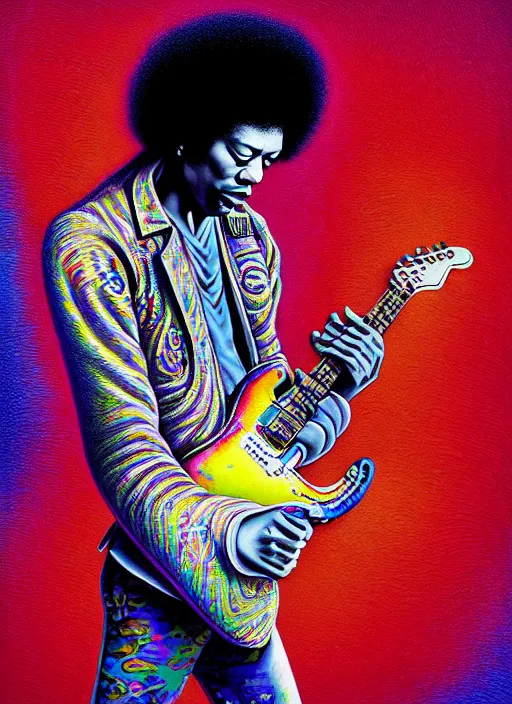 Image similar to hyper detailed 3d render like a Oil painting - Jimi Hendrix aerochrome and milky Fruit holding a white stratocaster guitar in his left hand, iridescent paisley patterns by Jacek Yerka, Ilya Kuvshinov, Mariusz Lewandowski, Houdini algorithmic generative render, Abstract brush strokes, Masterpiece, Edward Hopper and James Gilleard, Zdzislaw Beksinski, Mark Ryden, Wolfgang Lettl, hints of Yayoi Kasuma, octane render, 8k