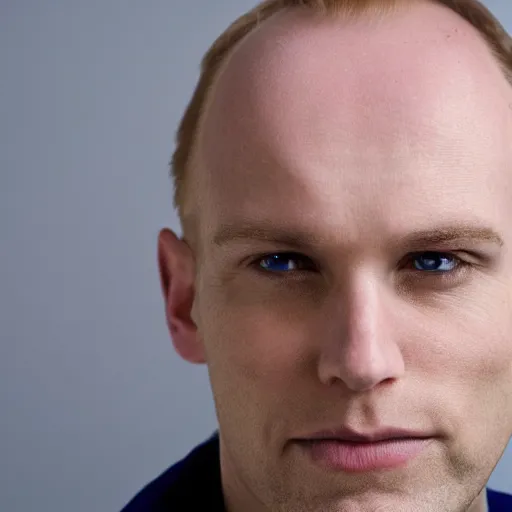 Image similar to photograph of a blond male, middle aged balding superhero, with dark blue eyes and very pale skin