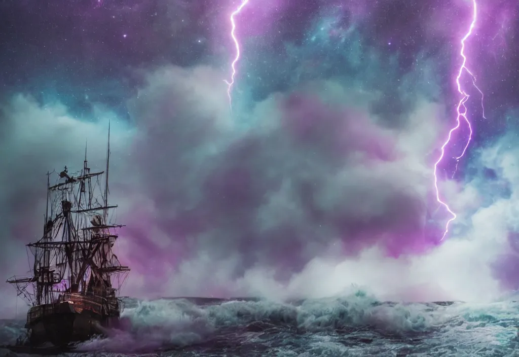 Image similar to purple color lighting storm with stormy sea, pirate ship firing its cannons real life trippy nebula sky 50mm shot