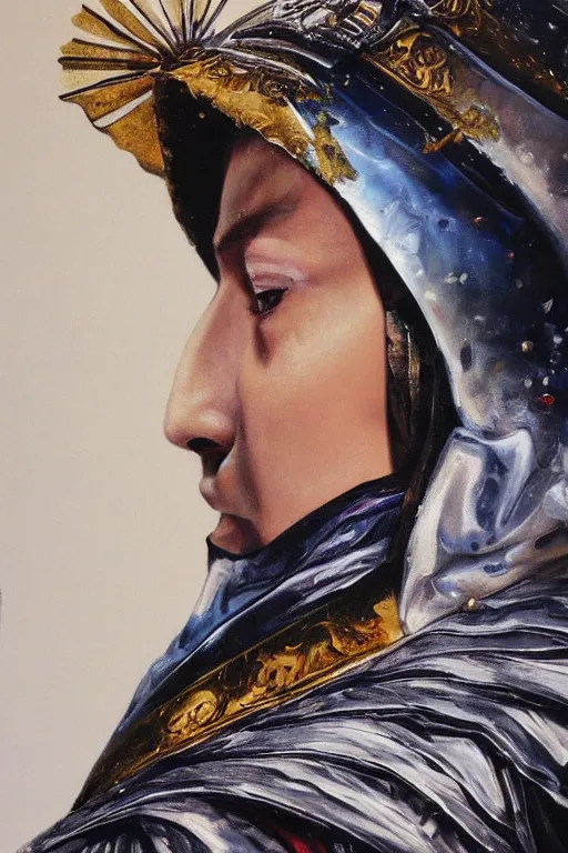 Image similar to hyperrealism oil painting, close - up portrait of caucasian medieval fashion model, knight, steel gradient mixed with nebula sky, in style of baroque mixed with 7 0 s japan book art