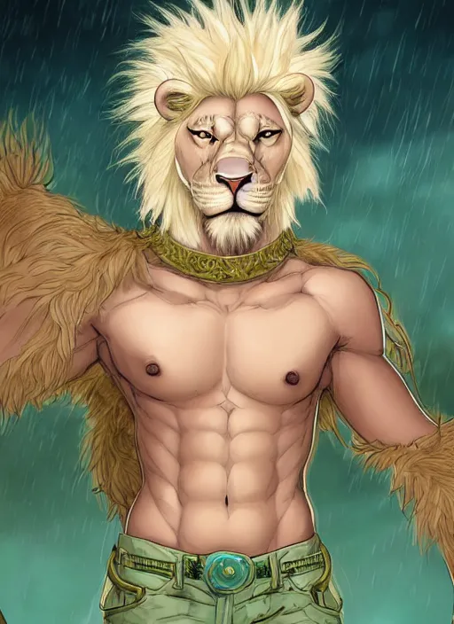 Image similar to aesthetic portrait commission of a of a male fully furry muscular anthro albino lion with a tail and a beautiful attractive hyperdetailed face wearing stylish and creative mint outfit made out of silk in a sci - fi dystopian city at golden hour while it storms in the background. character design by dayer, diego 5, detailed, inked, western comic book art, award winning film poster painting