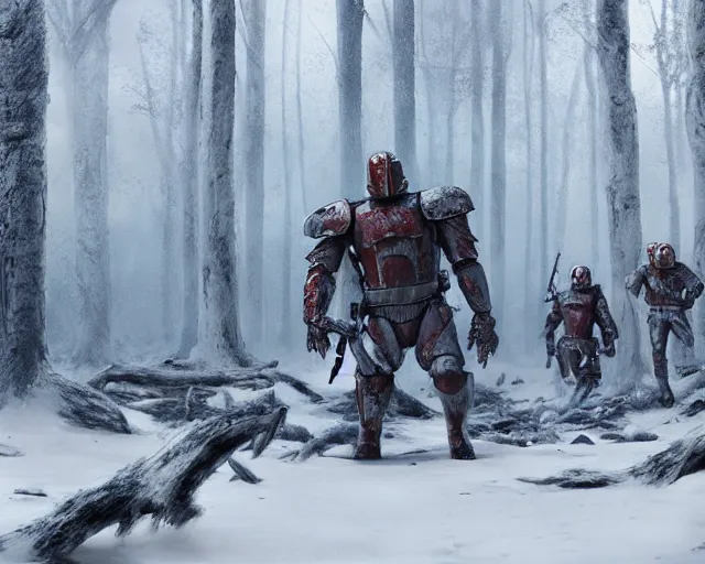 Image similar to jango fett is surrounded by 2 0 dead corpses bodies with blood on the ground in a snow forest, concept art highly detailed, great cinematic lighting, octane render, 8 k, depth of field, 3 d, art by greg rutkowski, trending on artstation, cinematographic shot
