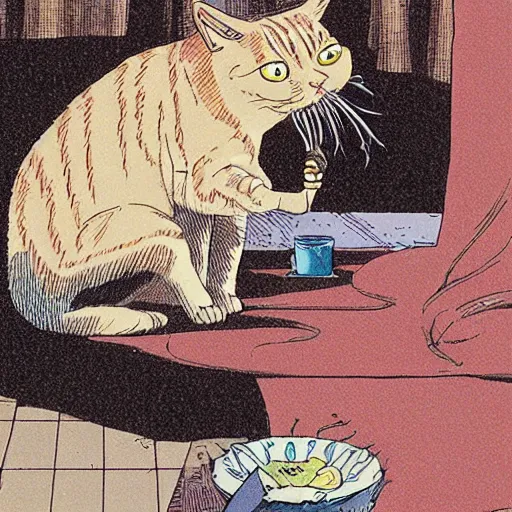 Image similar to a cat smoking a cigar, by moebius