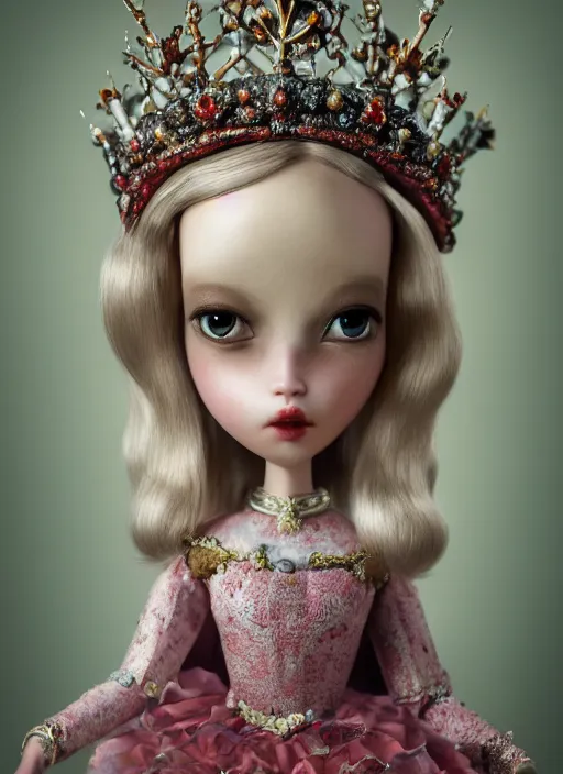 Image similar to closeup portrait of tin toy fairytale princess wearing a crown, depth of field, zeiss lens, detailed, symmetrical, centered, fashion photoshoot, by nicoletta ceccoli, mark ryden, lostfish, breathtaking, 8 k resolution, extremely detailed, beautiful, establishing shot, artistic, hyperrealistic, octane render