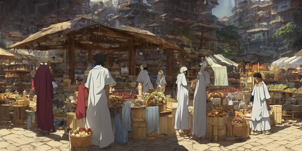 Image similar to biblical marketplace by makoto shinkai