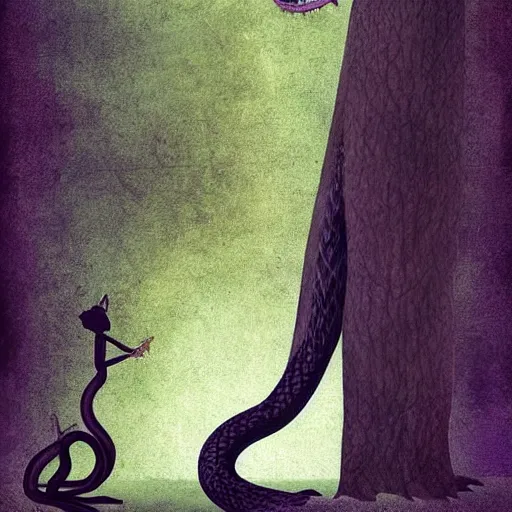 Image similar to by tony conrad, by christian schloe threatening, dismal. a digital art of a large, looming creature with a long, snake body. many large, sharp teeth, & eyes glow. wrapped around a large tree, bent under the weight. small figure in foreground, a sword, dwarfed by the size of the creature.