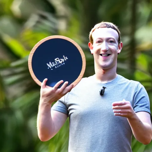 Image similar to mark zuckerberg holding a circular, wooden coaster up to the camera