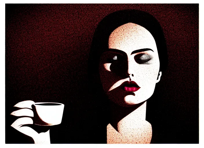 Image similar to portrait of a heroine drinking coffee, (((colorful))),vivid, Mads Berg, Karolis Strautniekas,small finely stippled light, dramatic lighting,film grain, editorial illustration, detailed, gradation, matte print, dynamic composition,moody, cinematic,extreme perspective