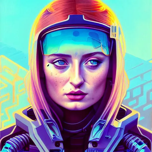 Image similar to high quality high detail portrait of a sophie turner as diesel punk character in an futuristic world, tristan eaton, victo ngai, artgerm, rhads, ross draws, hyperrealism, intricate detailed, alphonse mucha, pastel colors, vintage, artstation,