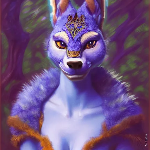 Image similar to a portrait of a female blue dinosaur wearing ornate plastic armor at night in a dark forest. zootopia fursona furaffinity furry art detailed face painting by gaston bussiere craig mullins jc leyendecker gustav klimt artgerm greg rutkowski furry