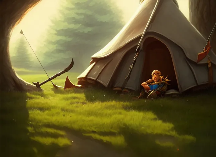 Prompt: full portrait of link from zelda resting with his bow at his tent. intricate, elegant, highly detailed, digital painting, artstation, concept art, smooth, sharp focus, illustration, by greg rutkowski, 8 k