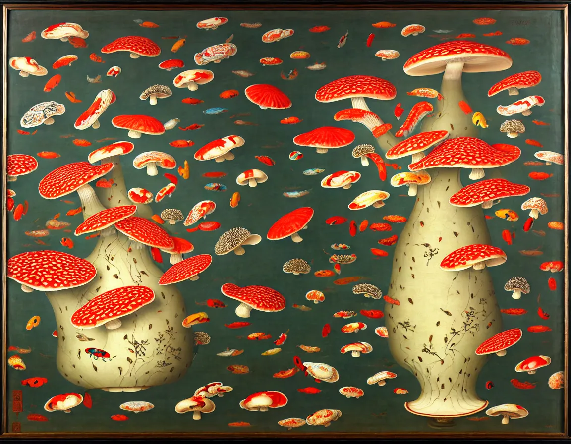 Prompt: vase of mushroom in the cloudy sky decorated with a dense field of stylized scrolls that have opaque red outlines, with mutant koi fishes with 4 eyes and 2 heads and sponges, ambrosius benson, oil on canvas, hyperrealism, light color, no hard shadow, around the edges there are no objects