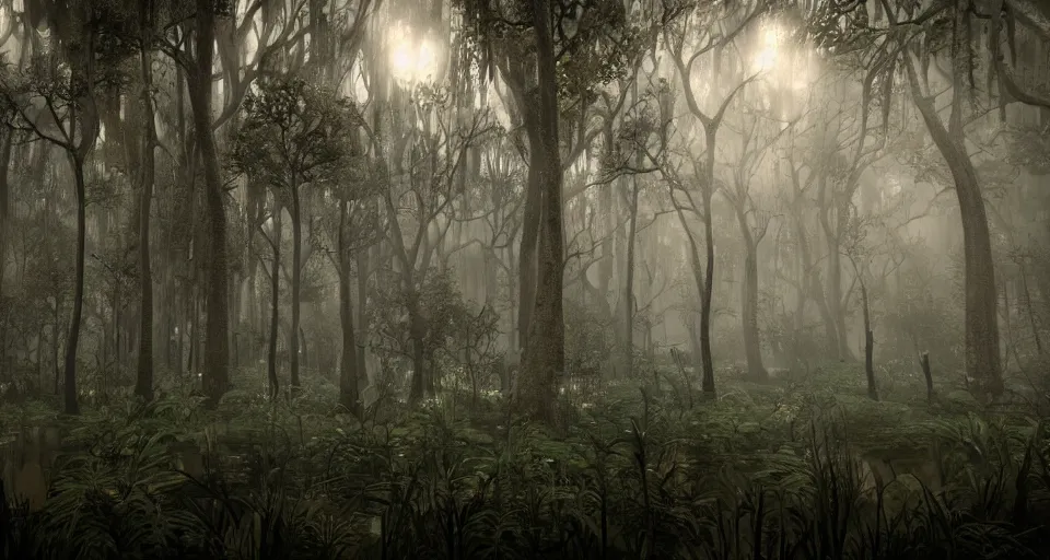 Image similar to A dense and dark enchanted forest with a swamp, with Unreal Engine