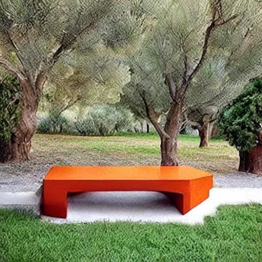 Image similar to creative concrete benches, colorful, olive trees