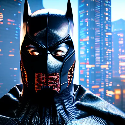 Image similar to a portrait of a spiderbatman , cyberpunk, highly detailed, unreal engine 5, 4K UHD image