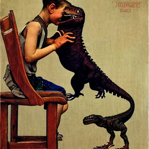 Prompt: a Norman Rockwell painting of a boy and his dinosaur velociraptor