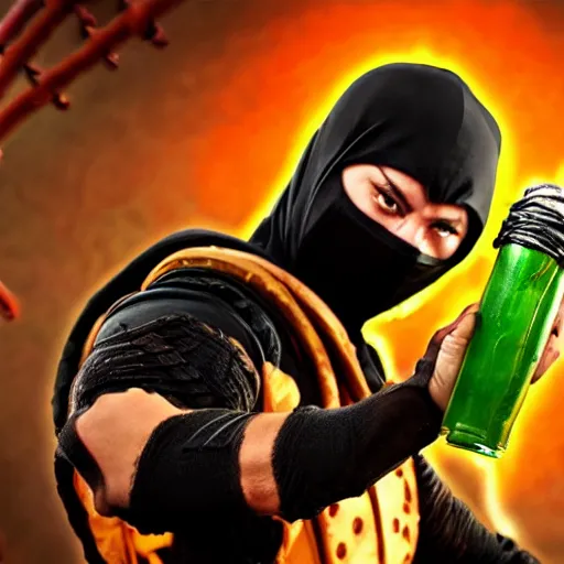 Prompt: portrait of ninja scorpion of mortal kombat video game holding a yerba mate gourd with metal straw, dramatic ambient lighting, high detail, vibrant colors