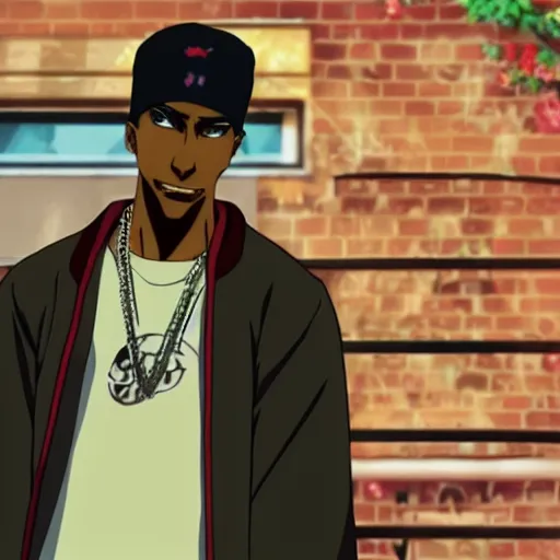 Image similar to Tupac Shakur, screenshot from a 2012s anime