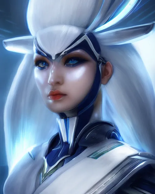 Prompt: perfect white haired attractive egyptian goddess, warframe armor, beautiful, symmetric, dreamy, half asian, pretty face, blue eyes, detailed, scifi platform, laboratory, experiment, 4 k, ultra realistic, epic lighting, android body, illuminated, cinematic, masterpiece, art by akihito tsukushi, voidstar