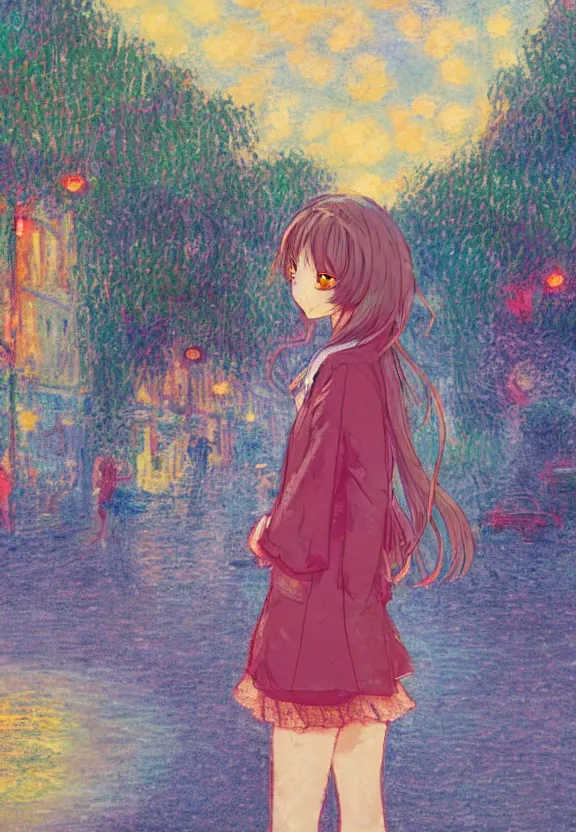 Image similar to wide angle portrait of a teenage girl, a thrifty outfit, very anime in impressionist style, city street view background, starlit night sky, trending artwork, illustrated in anime painter studio, by claude monet