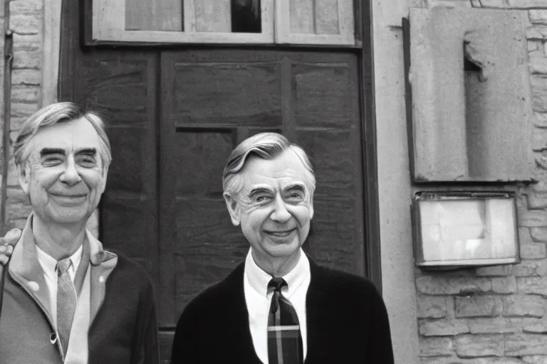 Prompt: A photography of Mr. Rogers standing next to Mr. Bean