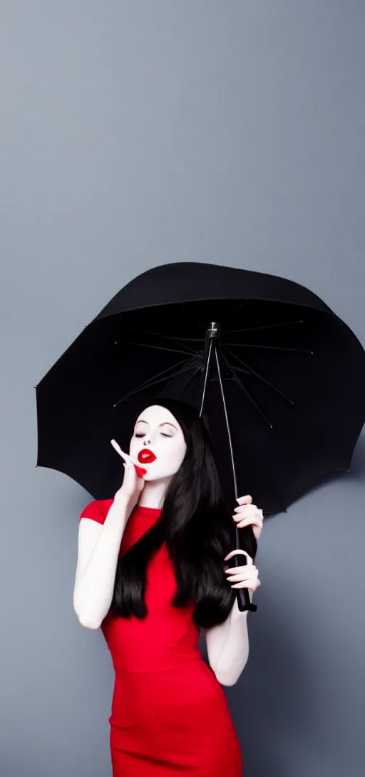 Image similar to a beautiful white pale skin girl, gray background, black dress, vibrent red lipstick, a black hat, black umbrella