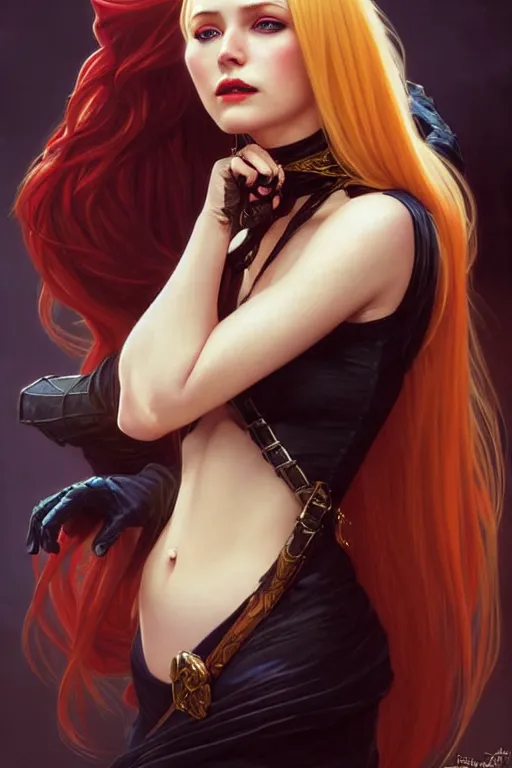 Image similar to Portrait of seductive female rogue, D&D, revealing stylish dress, choker on neck, long blonde or red hair, mouth slightly open, slight nerdy smile, fantasy, intricate, elegant, highly detailed, digital painting, artstation, concept art, smooth, sharp focus, illustration, art by artgerm and greg rutkowski and alphonse mucha