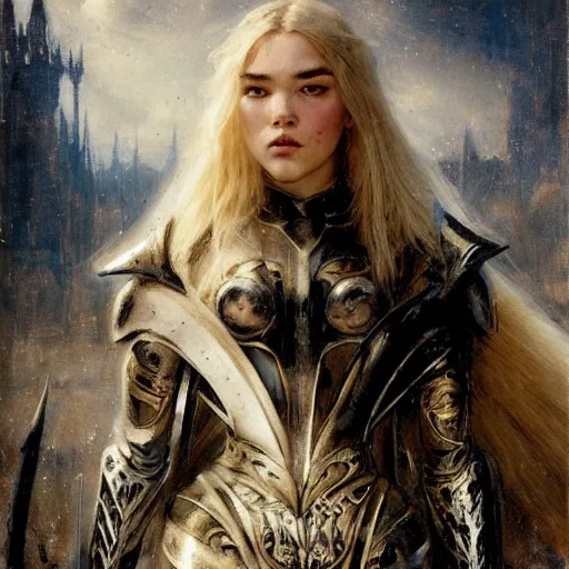 Prompt: blonde florence pugh, wearing dark black ornamented medieval armour, detailed, by gaston bussiere, bayard wu, greg rutkowski, giger, maxim verehin, greg rutkowski, masterpiece, sharp focus,