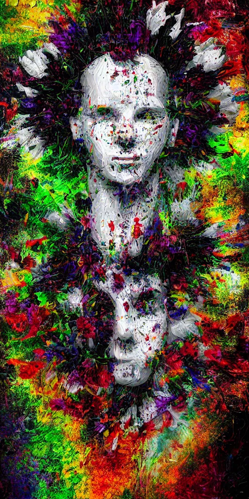 Prompt: dubstep visualized, a painting by thomas cole of a 3 d white robot head with flowers growing out, highly detailed, color bleeding, pixel sorting, plain black background, studio lighting, high contrast, bold composition, abstract paint color splotches