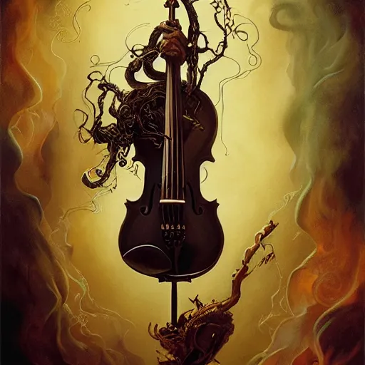 Prompt: illustration of close low angle view of an ornate obsidian gothic violin played by a goddess with gold spidery embellishments, night, smoke, ground fog, by peter mohrbacher, by frank frazetta, by vincent di fate, large depth of field, super detailed, digital art, trending on artstation, ornate