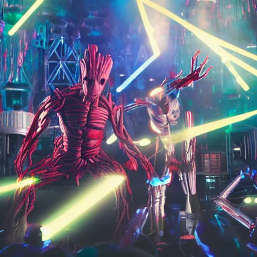 Image similar to groot and optimus prime dancing at techno party among people, wide shoot, after effect, ultra realistic 3 d