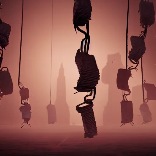 Prompt: illustration of rows of limp homunculus hanging like clothing in an ice box, rolling fog, cyberpunk, dystopian, dramatic lighting, unreal engine 5