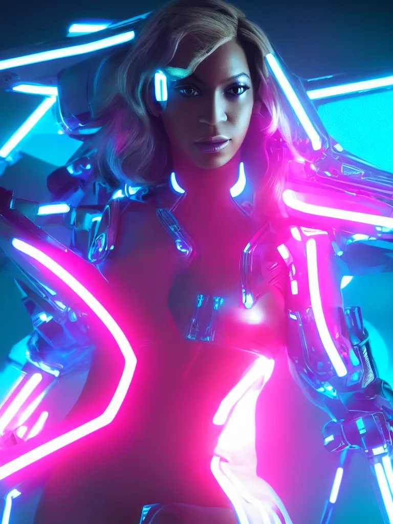 Image similar to cinematic, portrait photography, a beautiful beyonce android, perfect body, blue chrome armor, neon holographic ui data displays, pink space gun, hajime sorayama, masamune shirow, tron, octane rendered, 4 k, lens flare,