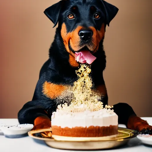 Prompt: a high - quality photo of a cute rottweiler with a half - eaten birthday cake and champagne, 4 5 mm, f 3. 5, sharpened, iso 2 0 0, raw, food photography