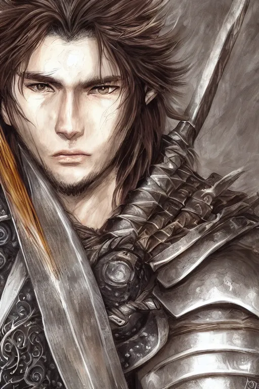 Prompt: A realistic anime portrait of a young handsome male barbarian with long wild hair, intricate fantasy spear, plated armor, D&D, dungeons and dragons, tabletop role playing game, rpg, jrpg, digital painting, by Yoshitaka Amano and Ayami Kojima and Akihiko Yoshida, digtial painting, trending on ArtStation, SFW version