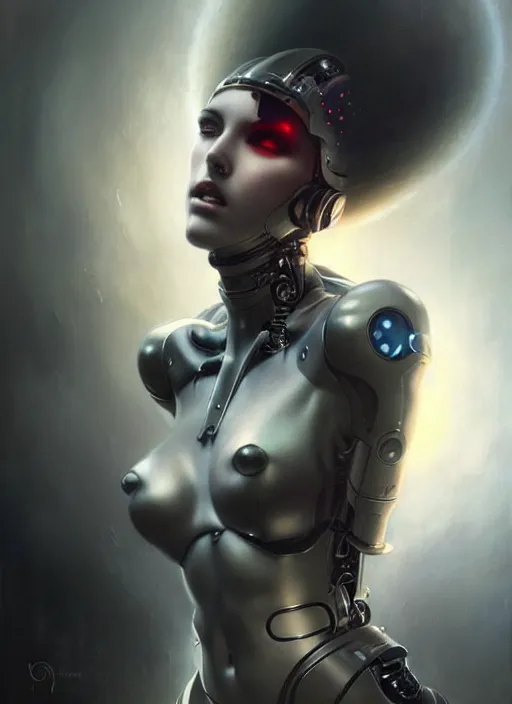 Image similar to a hauntingly beautiful cybernetic woman, painted by artgerm and tom bagshaw, fantasy art, dramatic lighting, highly detailed oil painting