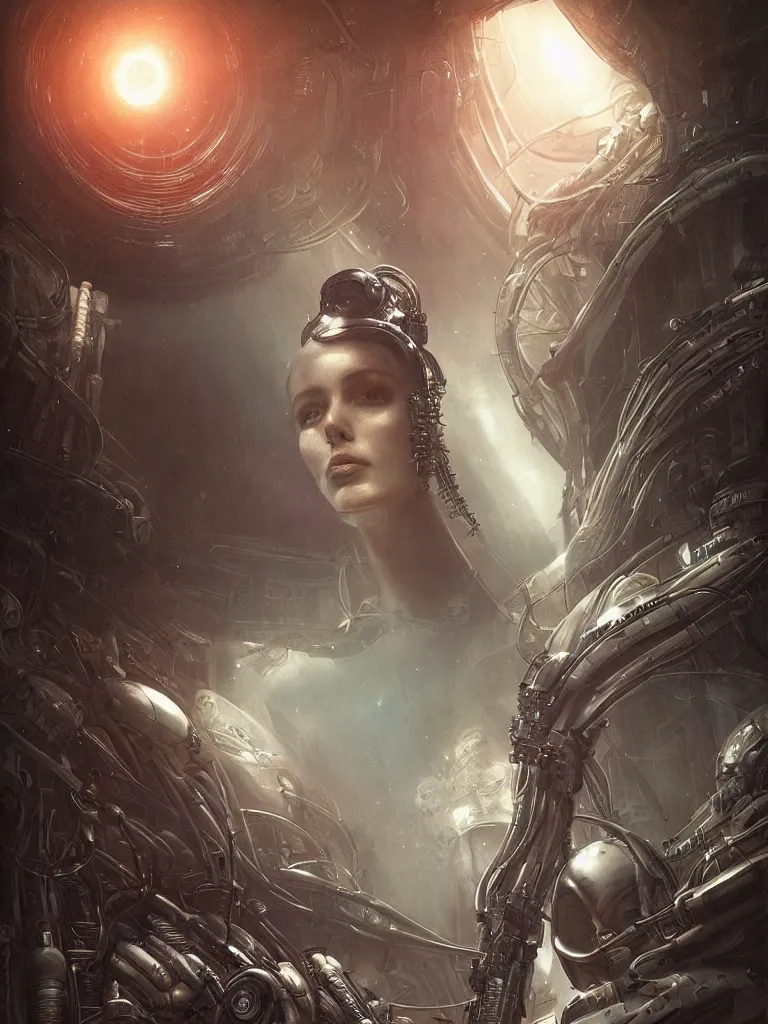 Image similar to a hyperrealistic cyberpunk portrait of a gorgeous woman in the movie Alien, in a derelict spaceship and fractal sunlight, award-winning, masterpiece, in the style of Tom Bagshaw, Cedric Peyravernay, Peter Mohrbacher