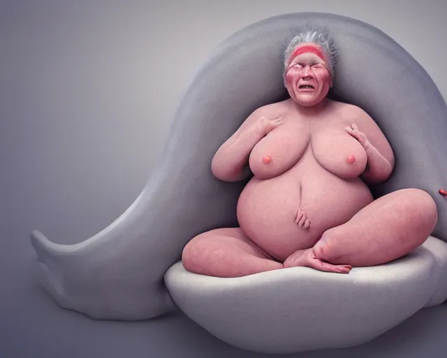 Image similar to of a very beautiful scene. ambient occlusion render. a sweet fat old woman is giving birth to her self as a sweet baby. hyper realistic. 4 k. wide angle. wild. symmetrical face, red mouth, blue eyes. deep focus, lovely scene. ambient occlusion render. concept art. unreal engine.